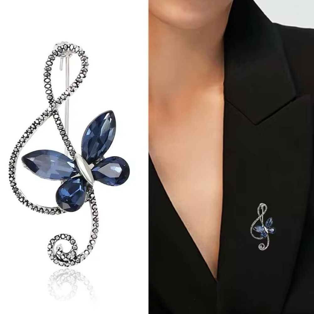 Blue Sapphire Rhinestone Butterfly Brooch Womens Casual Treble Clef Musical Pin - Picture 3 of 6
